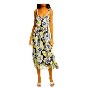 DYVNA
Chacha Floral Braided Strap Silk Midi Dress In Yellow Graphic Flower